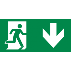 Pictogramsticker voor Topazio T2, 140 x 80 mm, vluchtend persoon in deur, pijl beneden (NEN-EN-ISO 7010)