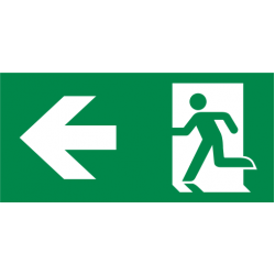 Pictogramsticker voor Topazio T2, 140 x 80 mm, vluchtend persoon in deur, pijl links (NEN-EN-ISO 7010)