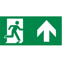 Pictogramsticker voor Topazio T2, 140 x 80 mm, vluchtend persoon in deur, pijl rechtdoor|omhoog (NEN-EN-ISO 7010)
