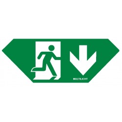 Pictogramsticker voor Topazio T1, trapezium vorm, afmetingen 200 x 73 mm, met pictogram, vluchtend persoon in deur, met pijl naar beneden, conform NEN-EN-ISO 7010 