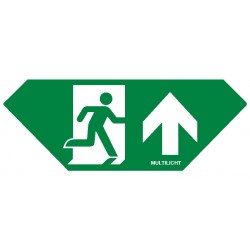Pictogramsticker voor Topazio T1, trapezium vorm, afmetingen 200 x 73 mm,, met pictogram, vluchtend persoon in deur, met pijl rechtdoor, conform NEN-EN-ISO 7010