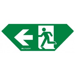 Pictogramsticker voor Topazio T1, trapezium vorm, afmetingen 200 x 73 mm, met pictogram, vluchtend persoon in deur, met pijl naar links, conform NEN-EN-ISO 7010 