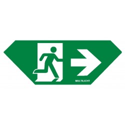 Pictogramsticker voor Topazio T1, trapezium vorm, afmetingen 200 x 73 mm, met pictogram, vluchtend persoon in deur, met pijl naar rechts, conform NEN-EN-ISO 7010 